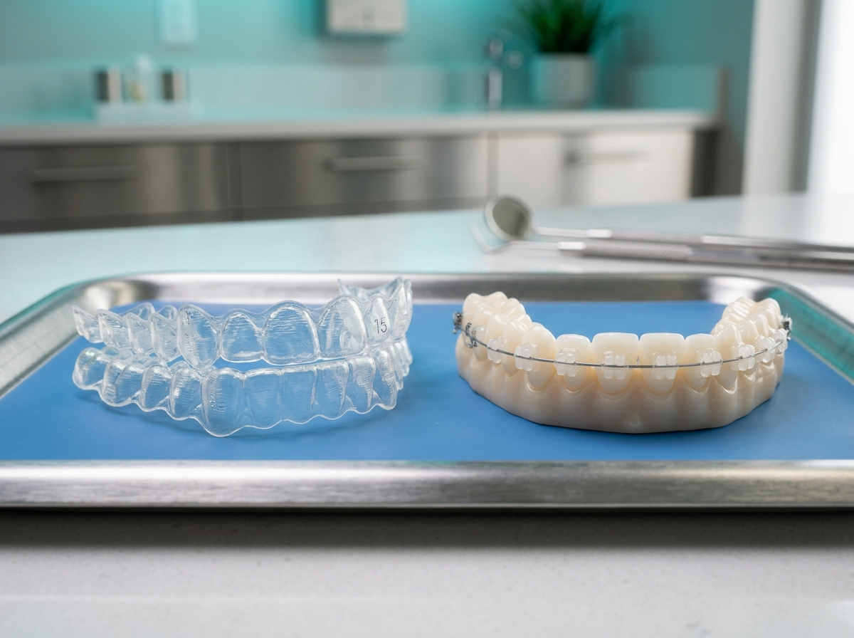 Invisalign clear aligners vs ceramic metal braces on dental tray