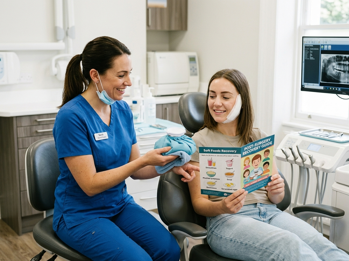 Dental Nurse Explaining Post Surgery Ice Pack Recovery